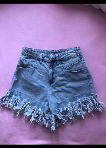 Kadın Mavi Denim Mini Şort Püsküllü