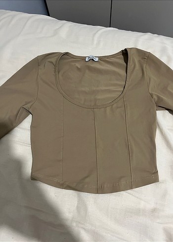 Kahverengi Bej Uzun Kollu Crop - Görsel 2