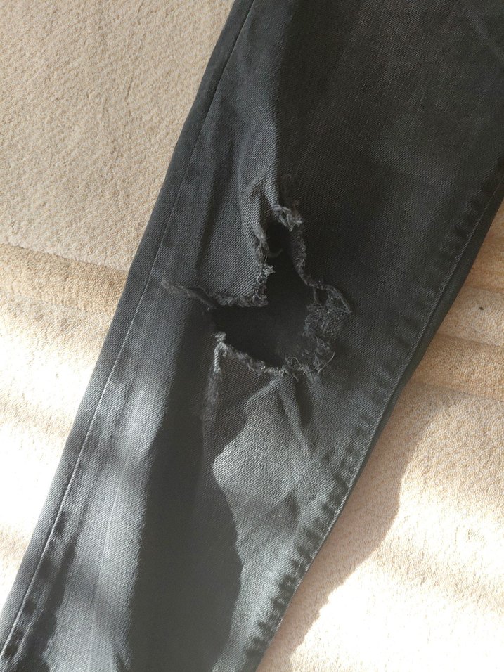 Kadın Siyah Bol Kesim Denim Jean mavi Jean yırtıklı - Görsel 3