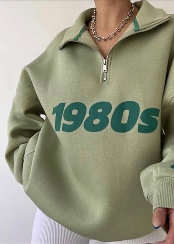 Yeşil Fermuarlı 1980s Baskılı Sweatshirt