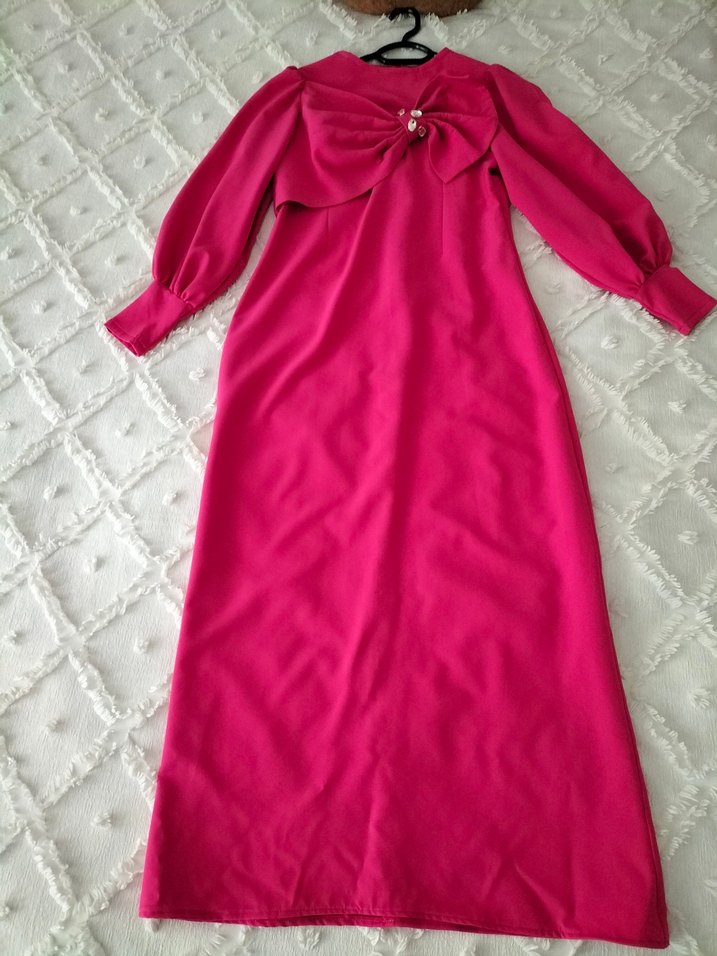 Pembe Uzun Kollu Drapeli Abiye Elbise - Görsel 4