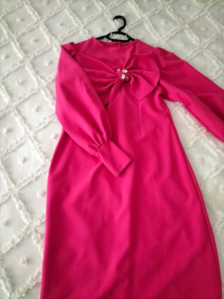 Pembe Uzun Kollu Drapeli Abiye Elbise - Görsel 2