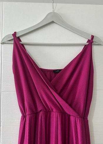 Pembe V Yakalı Pilili Midi Triko Elbise - Görsel 7