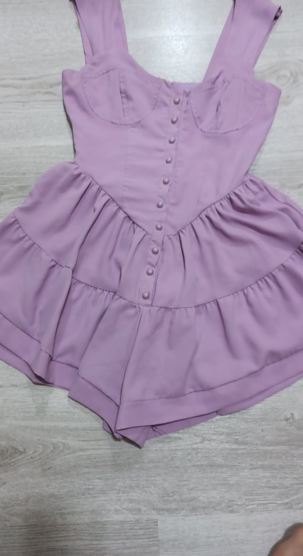 Düğmeli lila Mini Kadın Tulum elbise - Görsel 4