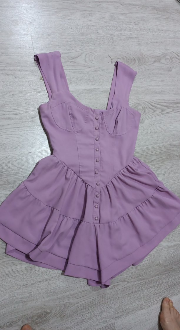 Düğmeli lila Mini Kadın Tulum elbise - Görsel 2