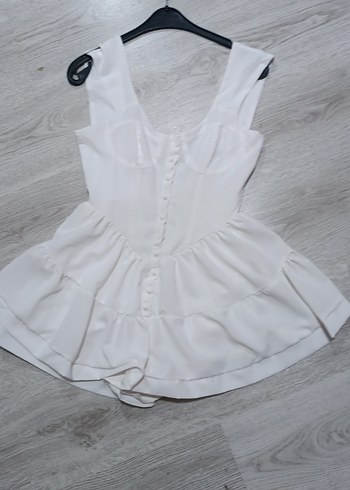 Düğmeli Beyaz Kısa Kadın Tulum - Görsel 2