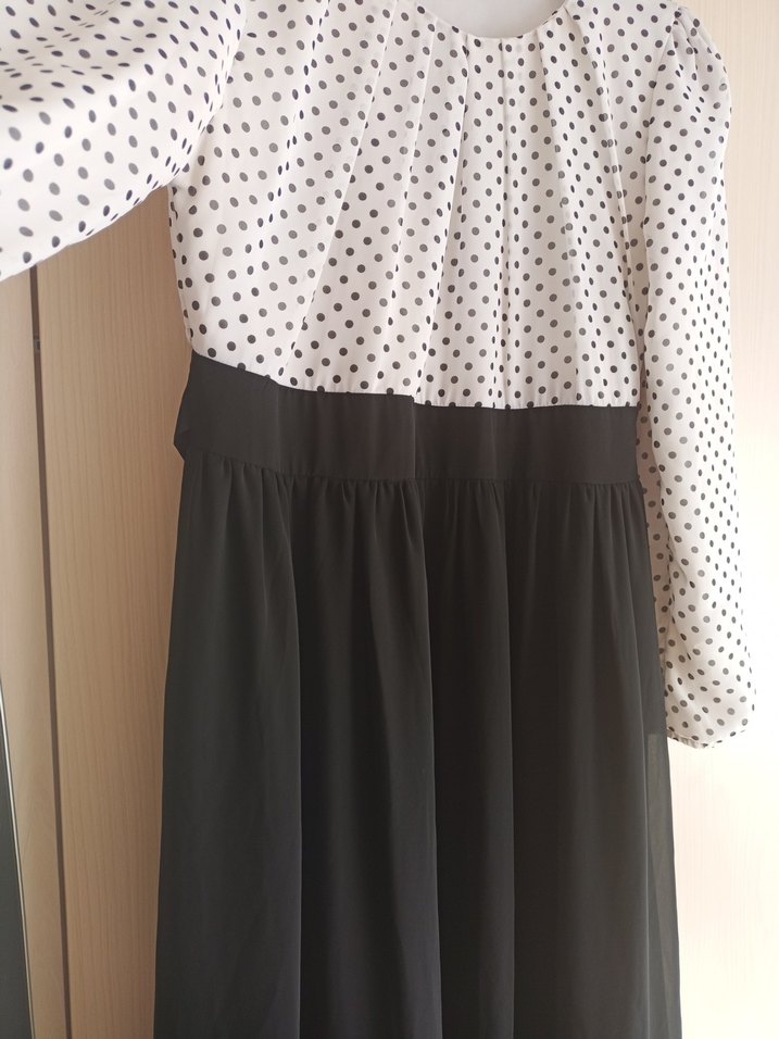 Uzun Kollu Puantiyeli Pliseli Uzun Elbise - Görsel 2