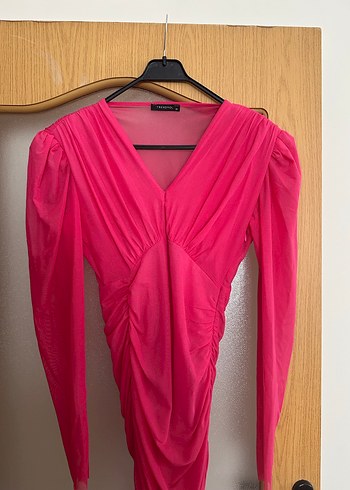 Pembe Drapeli Uzun Kollu Kadın Abiye Elbise - Görsel 2