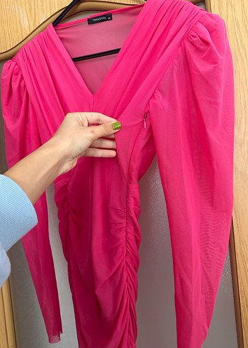 Pembe Drapeli Uzun Kollu Kadın Abiye Elbise - Görsel 5