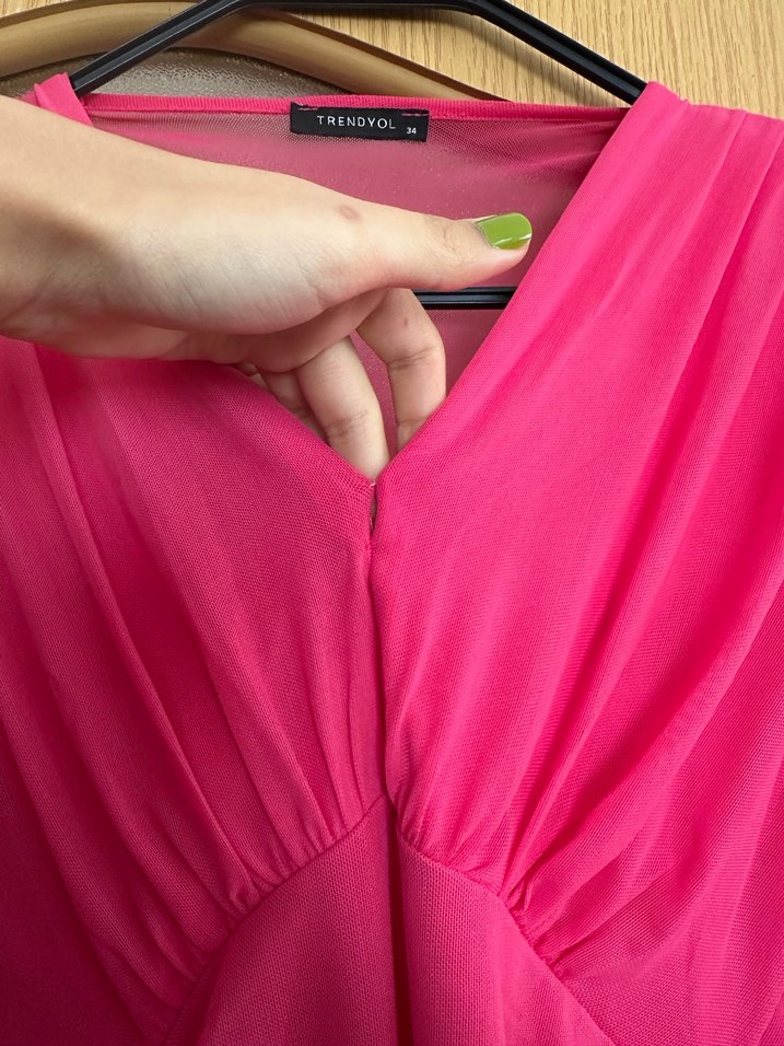 Pembe Drapeli Uzun Kollu Kadın Abiye Elbise - Görsel 3