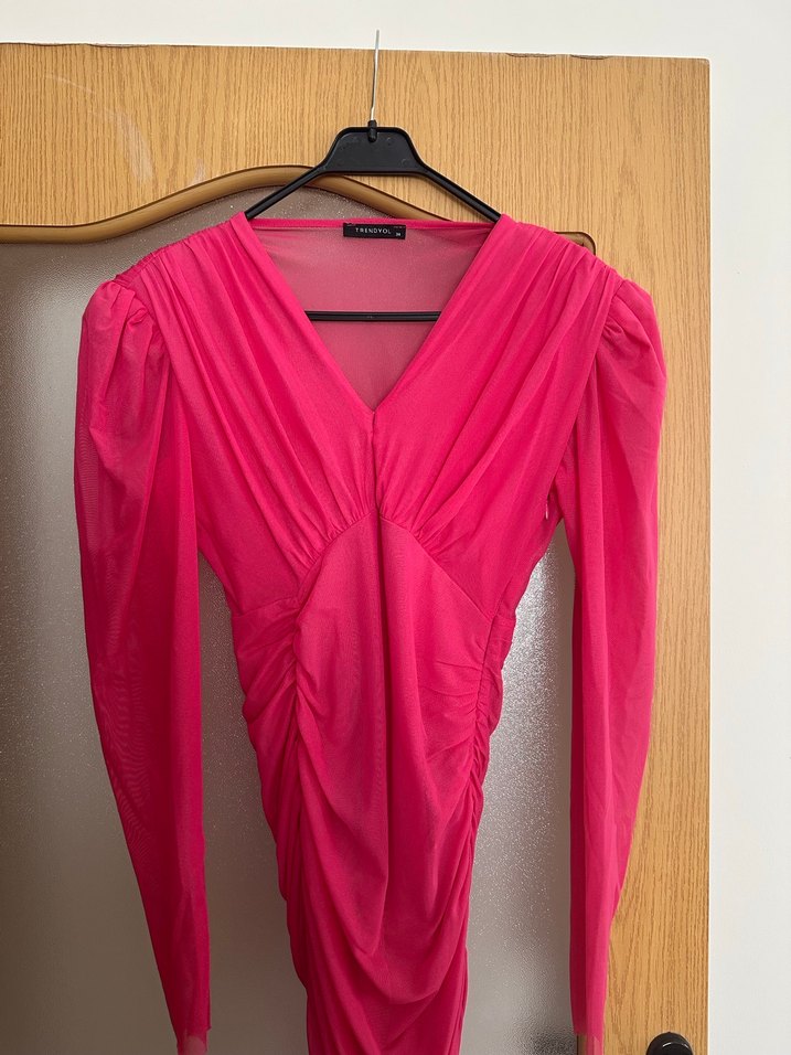 Pembe Drapeli Uzun Kollu Kadın Abiye Elbise - Görsel 2