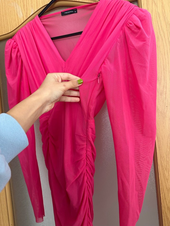 Pembe Drapeli Uzun Kollu Kadın Abiye Elbise - Görsel 5