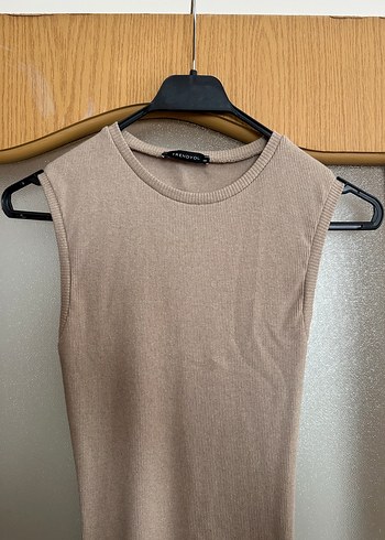 Bej Midi Keten Elbise, Drapeli, Kolsuz - Görsel 2