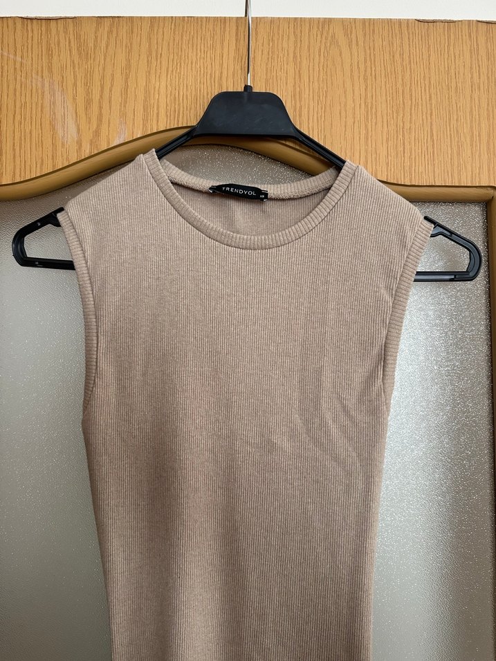 Bej Midi Keten Elbise, Drapeli, Kolsuz - Görsel 2