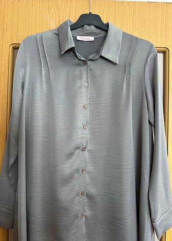 Gri Düğmeli Uzun Kollu  Gömlek - Görsel 2