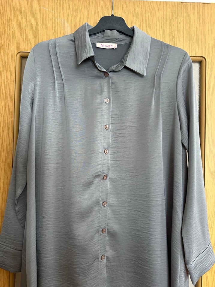 Gri Düğmeli Uzun Kollu  Gömlek - Görsel 2