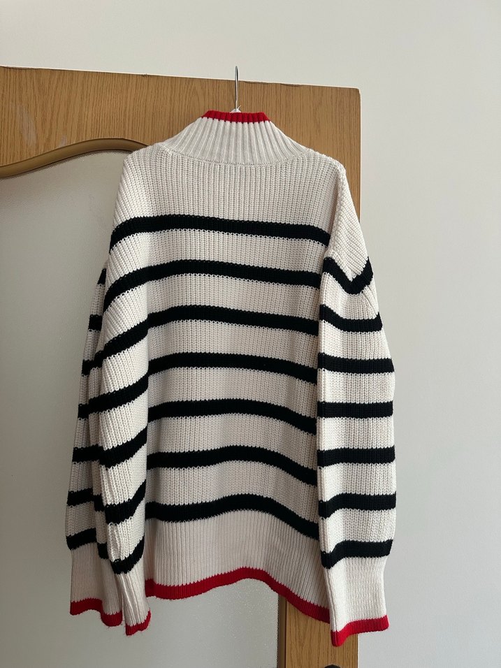 Çizgili Yüksek Yakalı Kadın Triko Kazak - Görsel 5