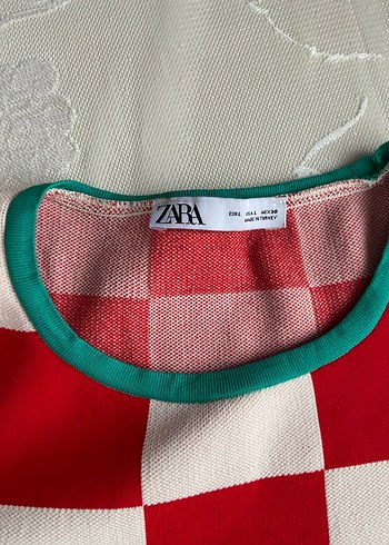 ZARA Kırmızı Beyaz Kareli Triko Kadın Elbise - Görsel 3