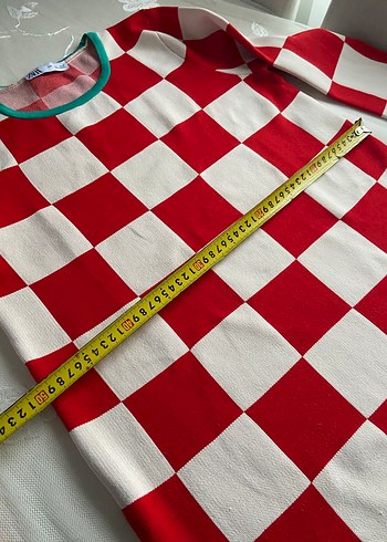 ZARA Kırmızı Beyaz Kareli Triko Kadın Elbise - Görsel 5