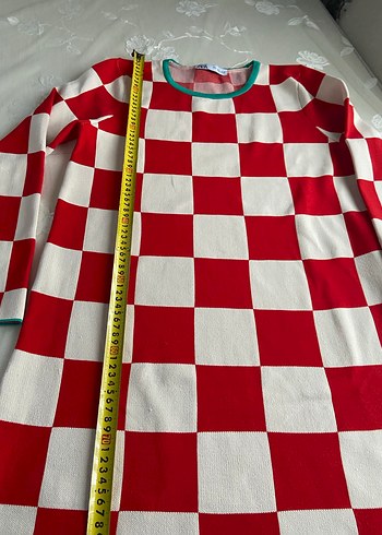 ZARA Kırmızı Beyaz Kareli Triko Kadın Elbise - Görsel 4