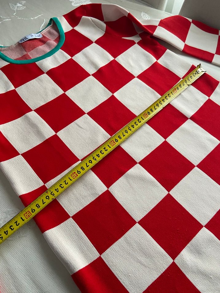 ZARA Kırmızı Beyaz Kareli Triko Kadın Elbise - Görsel 5