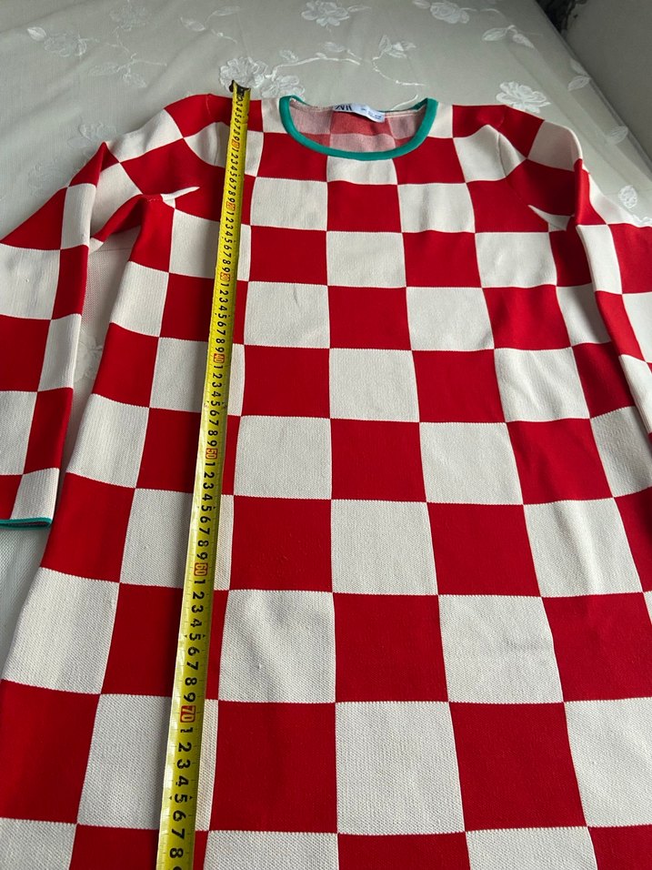 ZARA Kırmızı Beyaz Kareli Triko Kadın Elbise - Görsel 4