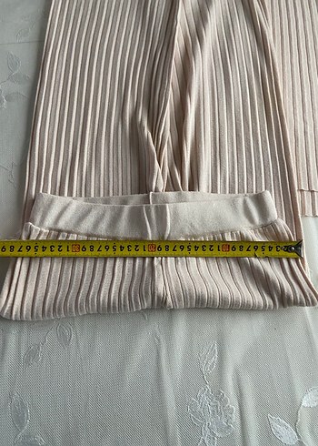 Bej Pilili Kolsuz Midi Triko pantolon takım - Görsel 6