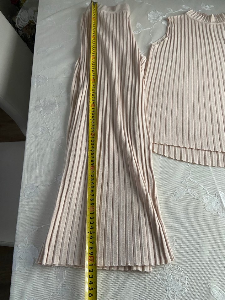 Bej Pilili Kolsuz Midi Triko pantolon takım - Görsel 5