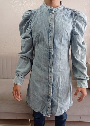 Zara Düğmeli Yüksek Yaka Uzun Kollu Kadın Denim Ceket