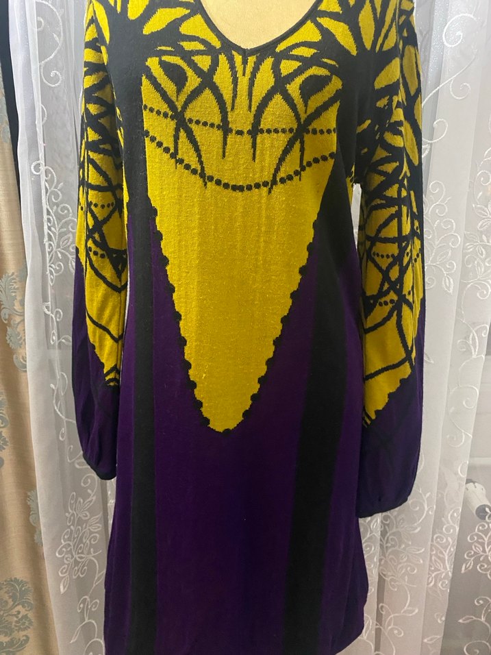 Uzun Kollu Mor Desenli Örgü Elbise - Görsel 4