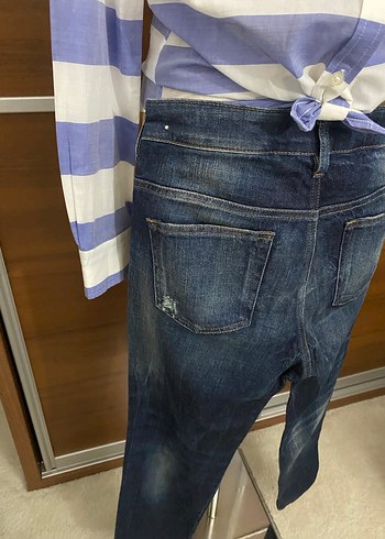 Orijinal Lacivert Çizgili Rahat Kesim Kot Pantolon - Görsel 4