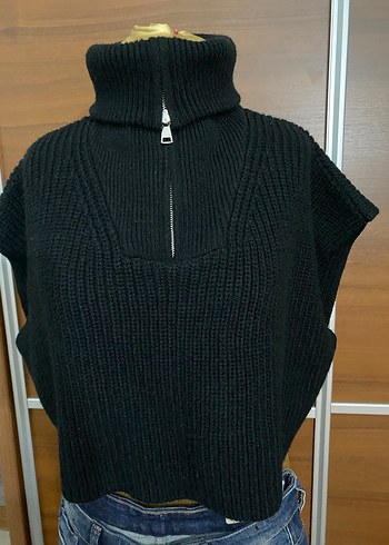 Siyah Yarım Fermuarlı Kolsuz Örgü Kazak - Görsel 5