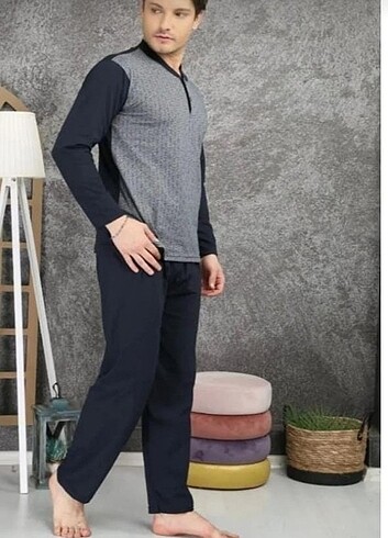 Erkek uzun kollu 100% pamuklu suprem jakarlı pijama takımı - Görsel 3