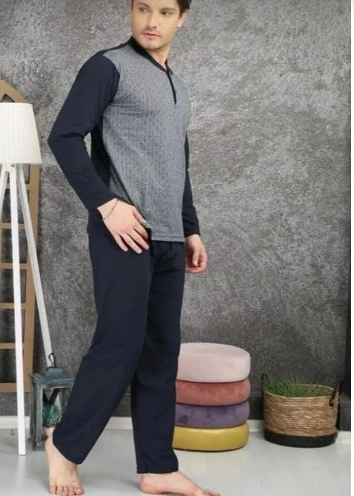 Erkek uzun kollu 100% pamuklu suprem jakarlı pijama takımı - Görsel 3