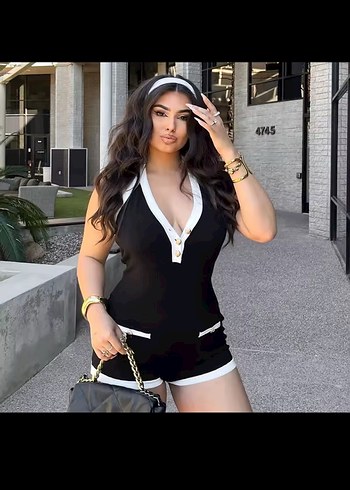 Siyah V Yakalı Mini Kadın Tulum - Görsel 2