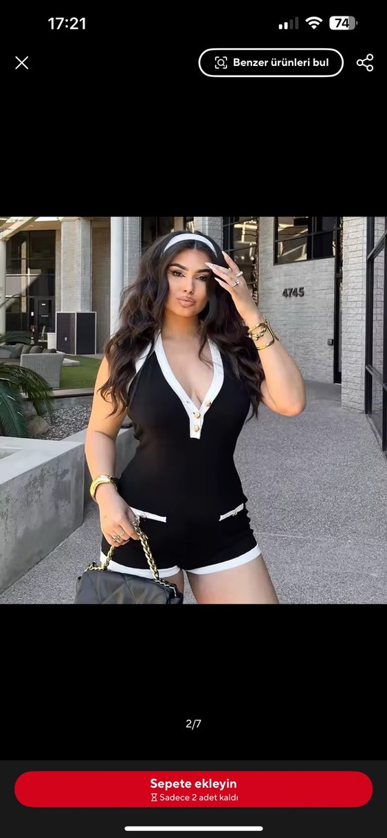 Siyah V Yakalı Mini Kadın Tulum - Görsel 2