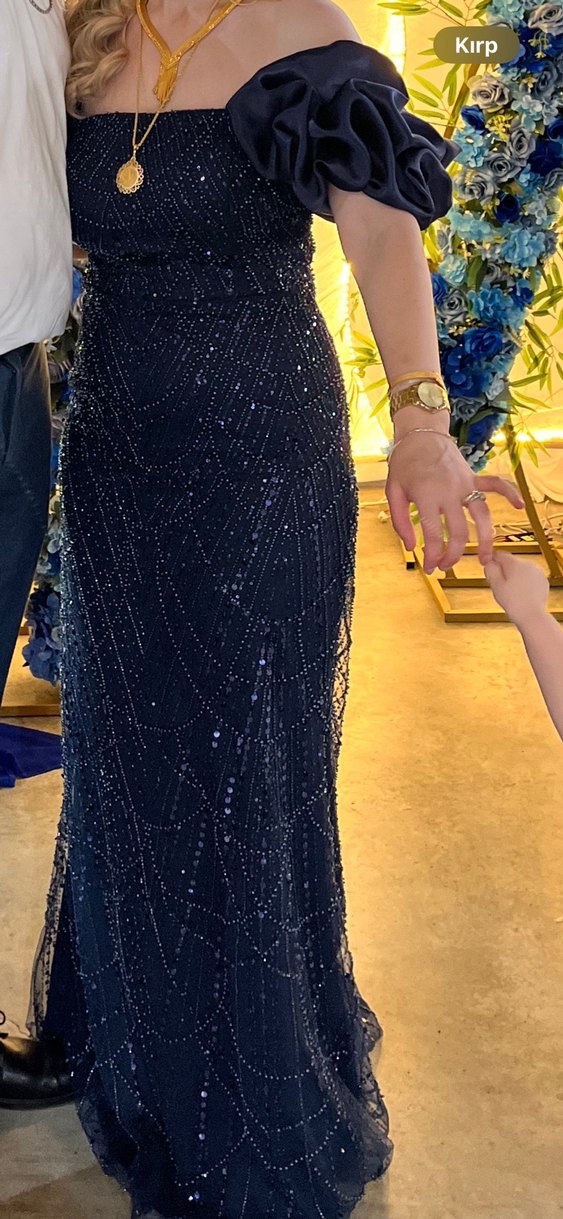 Drapeli Lacivert Uzun Abiye Elbise - Görsel 3