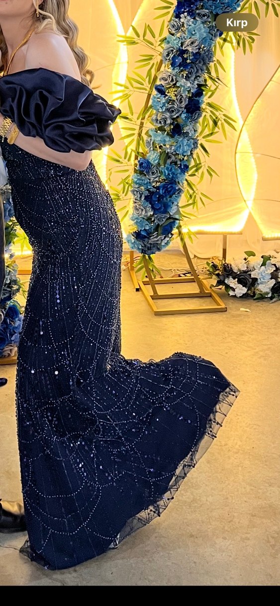 Drapeli Lacivert Uzun Abiye Elbise - Görsel 2