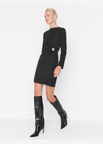 Drapeli Siyah Midi Kadın Elbise - Görsel 6