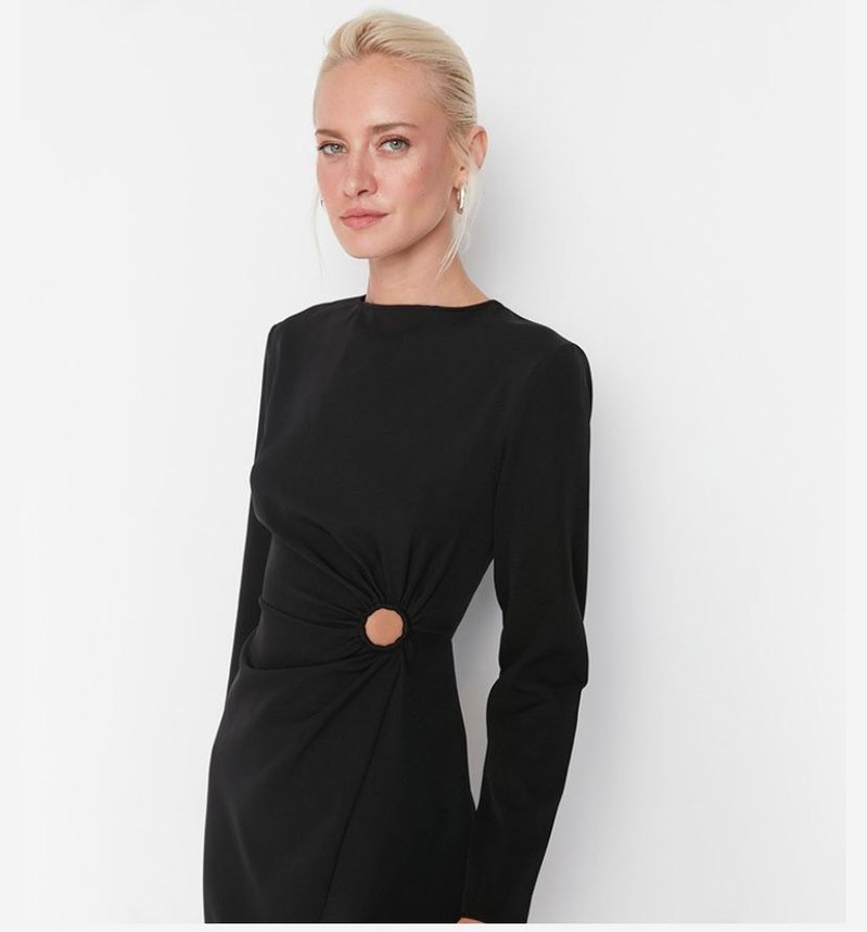 Drapeli Siyah Midi Kadın Elbise - Görsel 5