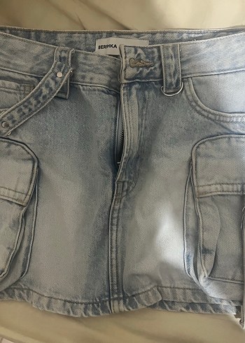 Bershka Kadın buz mavisi Denim Midi Kemerli Etek