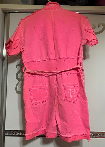 Pembe Kısa Tulum, Bağcıklı, Renkli Batik Desen - Görsel 4