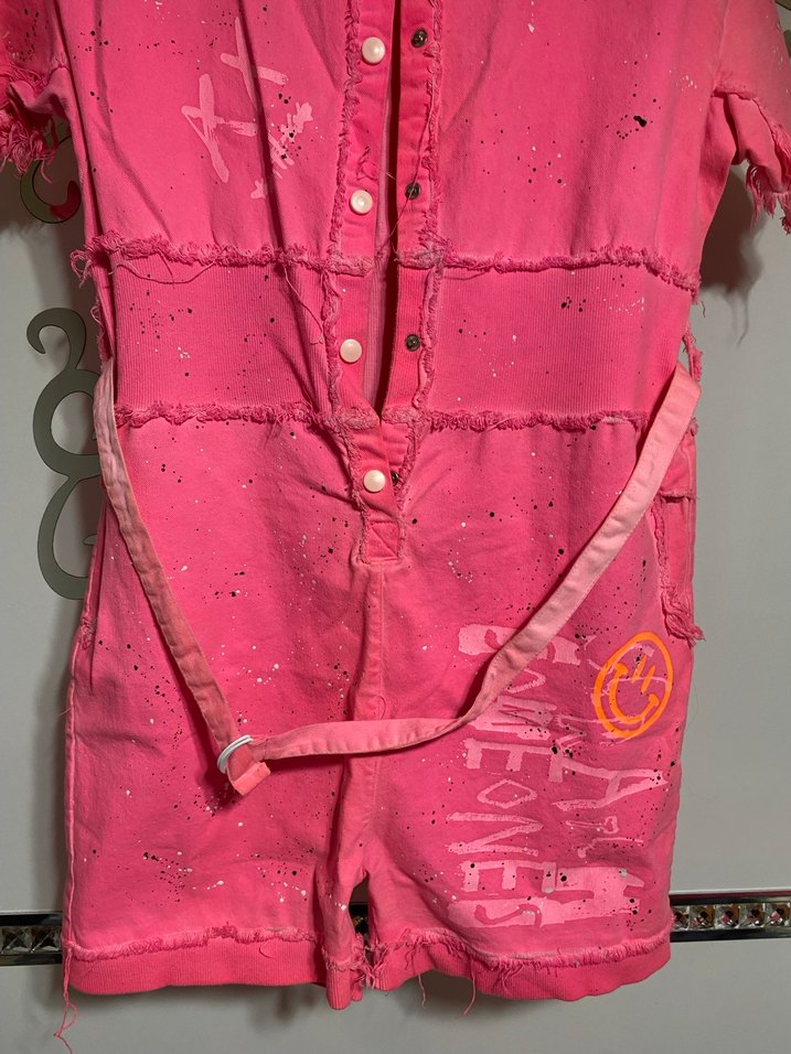 Pembe Kısa Tulum, Bağcıklı, Renkli Batik Desen - Görsel 2