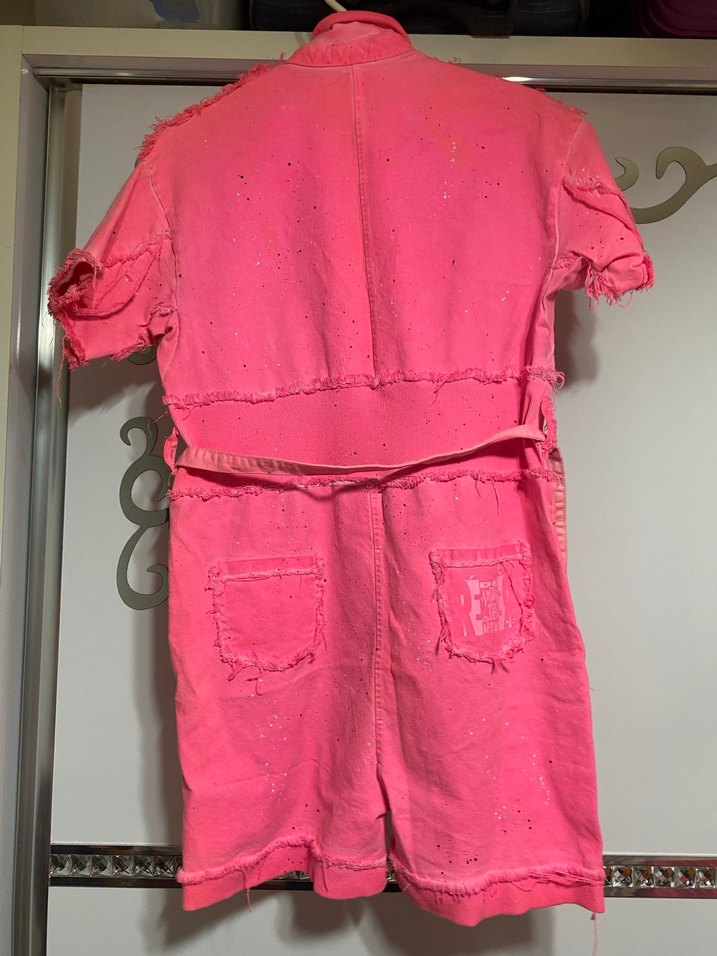 Pembe Kısa Tulum, Bağcıklı, Renkli Batik Desen - Görsel 4