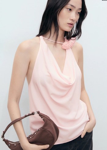 Pembe Drapeli Halter Yaka Kadın Bluz