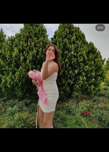 Beyaz Straplez Drapeli Kısa Mezuniyet Elbisesi - Görsel 2