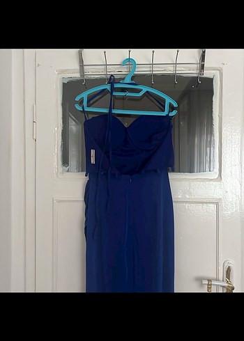 Straplez Uzun Mavi Parlak Korseli Kadın Elbise - Görsel 3