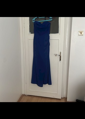 Straplez Uzun Mavi Parlak Korseli Kadın Elbise - Görsel 4