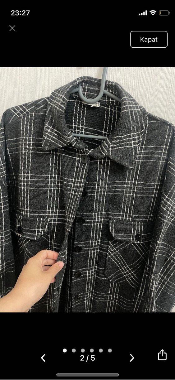 Gri Ekose Desenli Düğmeli Kadın Gömlek - Görsel 2