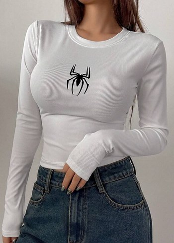 Stradivarius Y2K Örümcek Baskılı Fitilli Crop Bluz